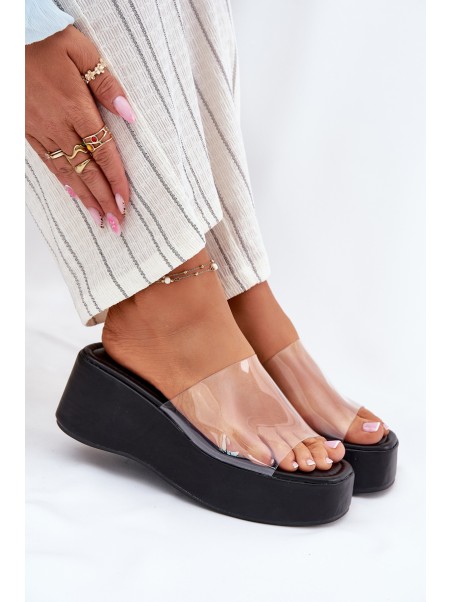 Womens sandals with transparent strap on wedge black Meltiana