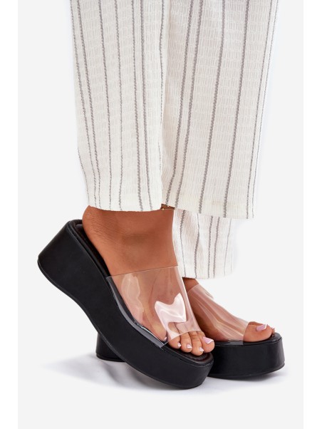 Womens sandals with transparent strap on wedge black Meltiana