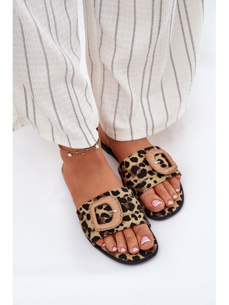 Flat Women's Slippers With Decorative Buckle Leopard Clariola