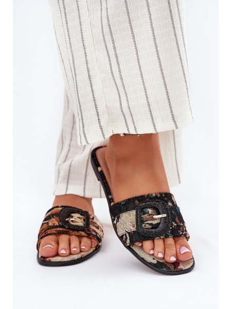 Flat Women's Slippers With Decorative Buckle Black Clariola