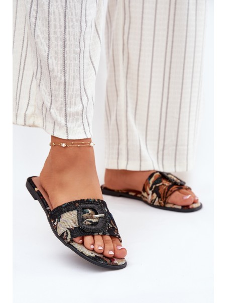 Flat Women's Slippers With Decorative Buckle Black Clariola