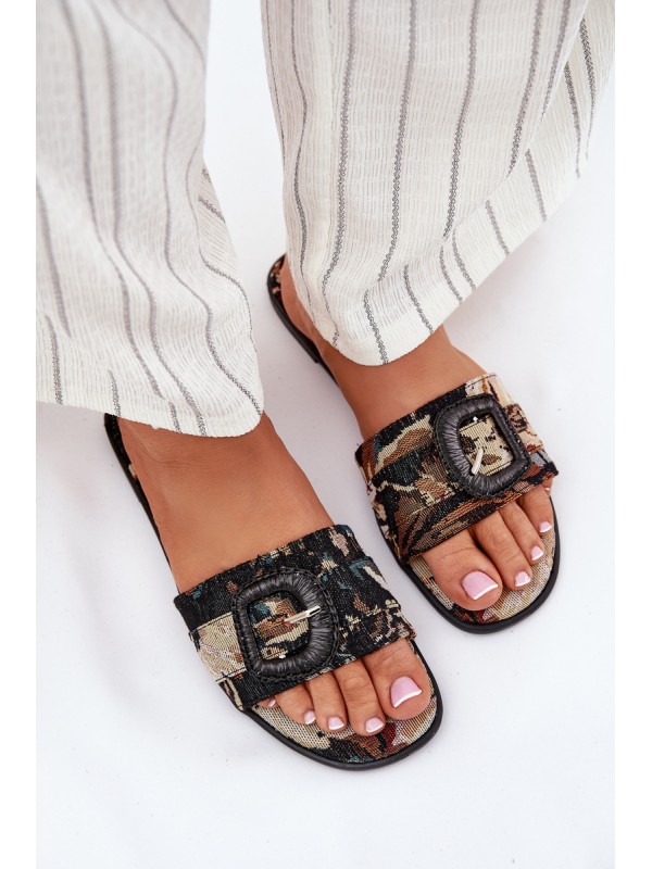 Flat Women's Slippers With Decorative Buckle Black Clariola