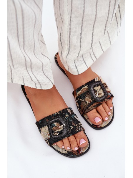 Flat Women's Slippers With Decorative Buckle Black Clariola