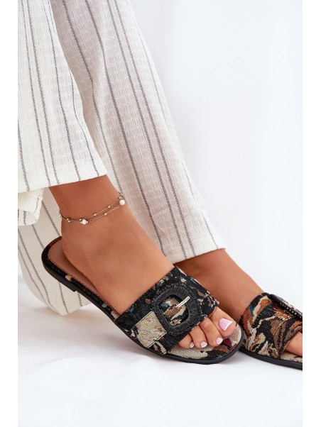 Flat Women's Slippers With Decorative Buckle Black Clariola