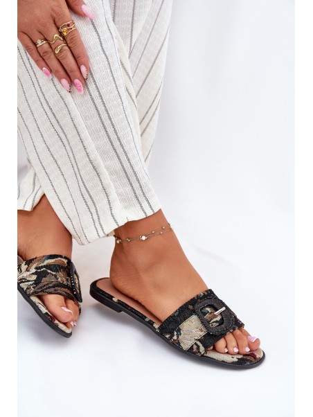 Flat Women's Slippers With Decorative Buckle Black Clariola