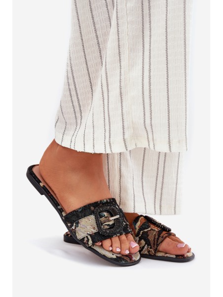 Flat Women's Slippers With Decorative Buckle Black Clariola