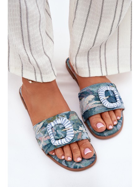 Flat Women's Slippers With Decorative Buckle Blue Clariola