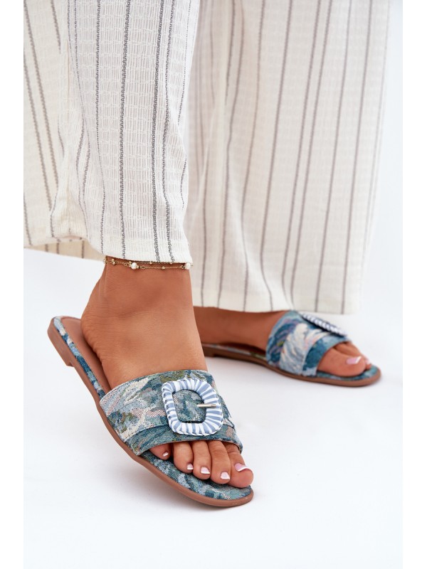 Flat Women's Slippers With Decorative Buckle Blue Clariola