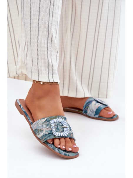 Flat Women's Slippers With Decorative Buckle Blue Clariola