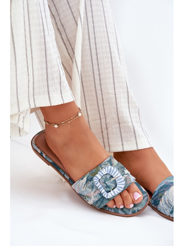 Flat Women's Slippers With Decorative Buckle Blue Clariola