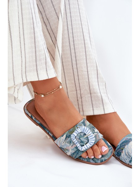 Flat Women's Slippers With Decorative Buckle Blue Clariola