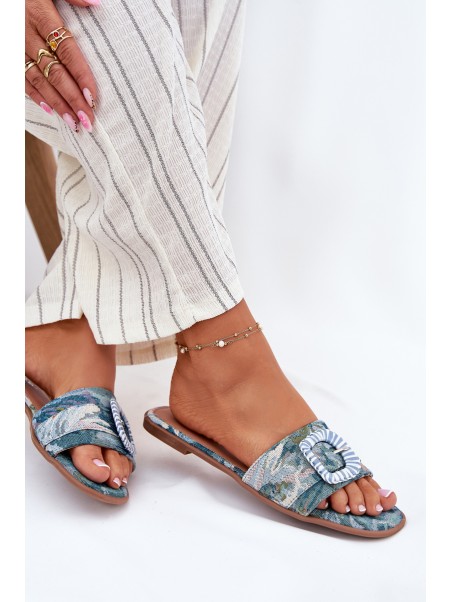 Flat Women's Slippers With Decorative Buckle Blue Clariola
