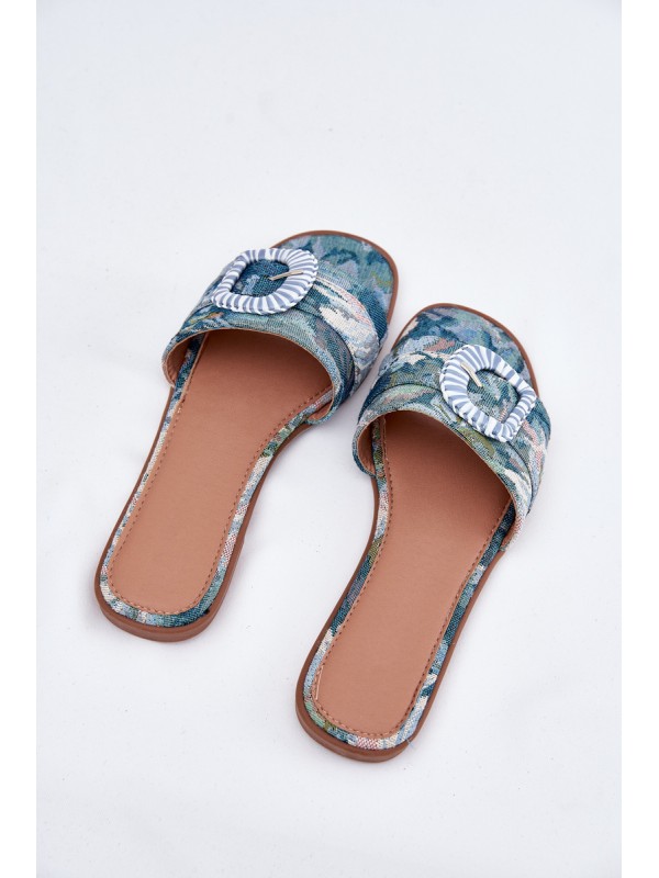 Flat Women's Slippers With Decorative Buckle Blue Clariola