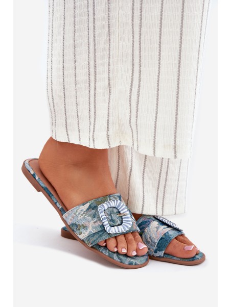 Flat Women's Slippers With Decorative Buckle Blue Clariola