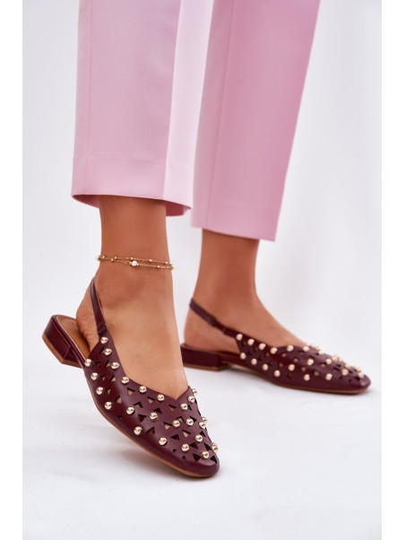 Embellished Ballet Flats On Flat Heel Burgundy Nilarisela