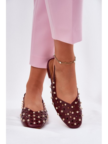 Embellished Ballet Flats On Flat Heel Burgundy Nilarisela