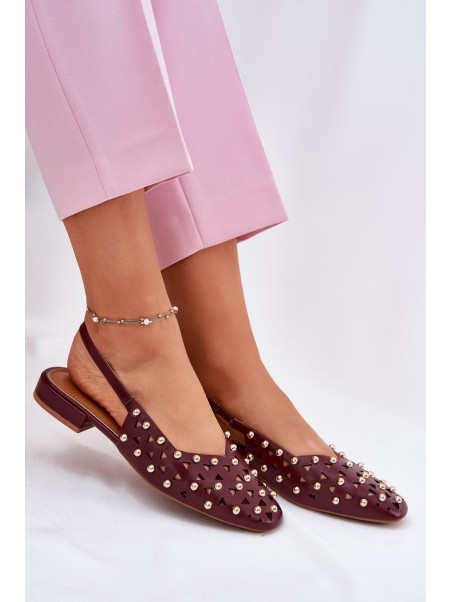 Embellished Ballet Flats On Flat Heel Burgundy Nilarisela
