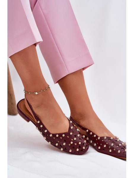 Embellished Ballet Flats On Flat Heel Burgundy Nilarisela