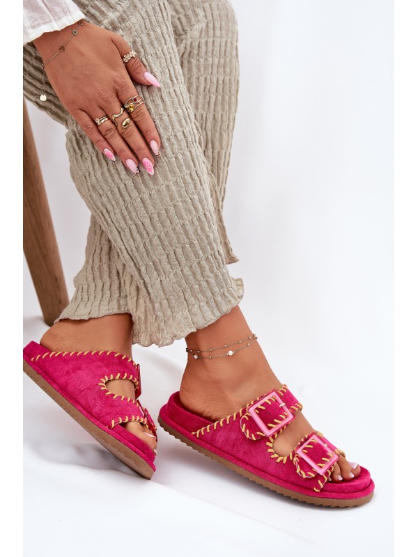 Ladies Slippers With Buckles And Decorative Trimming Fuchsia Visley