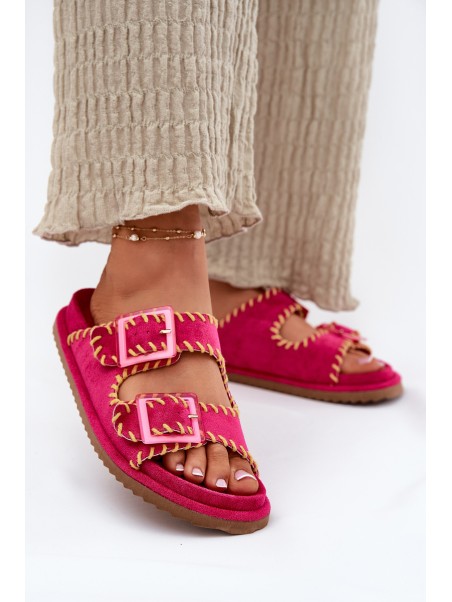 Ladies Slippers With Buckles And Decorative Trimming Fuchsia Visley