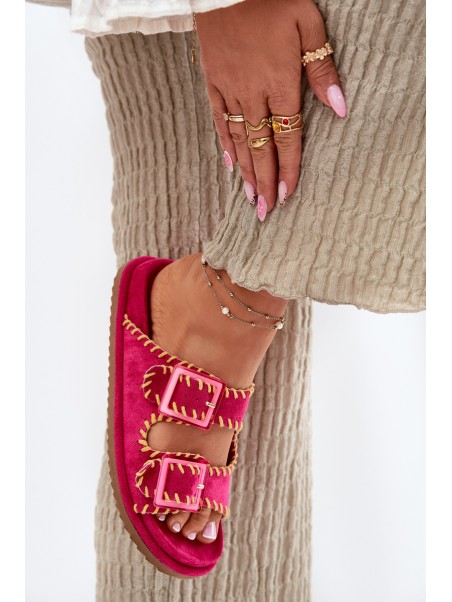 Ladies Slippers With Buckles And Decorative Trimming Fuchsia Visley