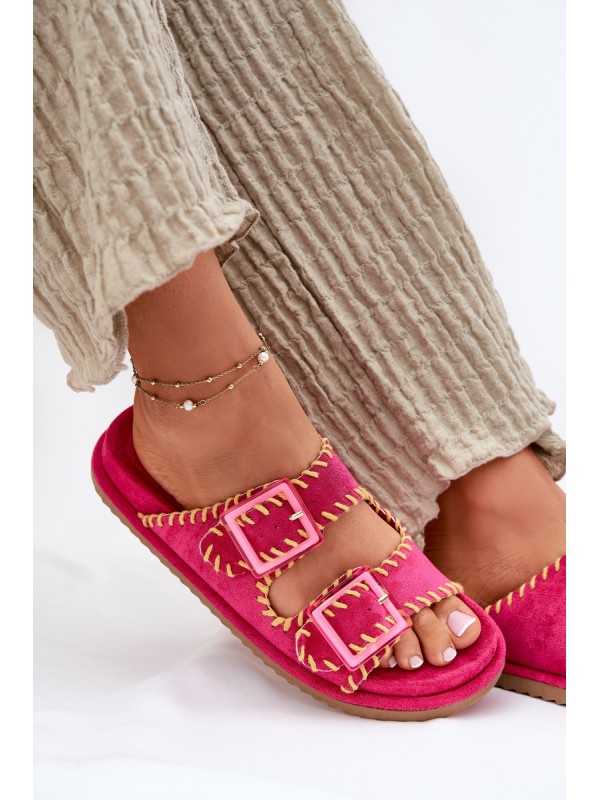 Ladies Slippers With Buckles And Decorative Trimming Fuchsia Visley Ladies Slippers With Buckles And Decorative Trimming Fuchsia Visley