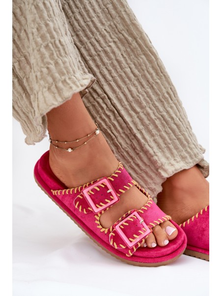 Ladies Slippers With Buckles And Decorative Trimming Fuchsia Visley