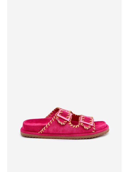 Ladies Slippers With Buckles And Decorative Trimming Fuchsia Visley