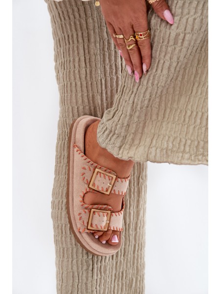 Women's Sandals With Buckles And Decorative Stitching Beige Visley