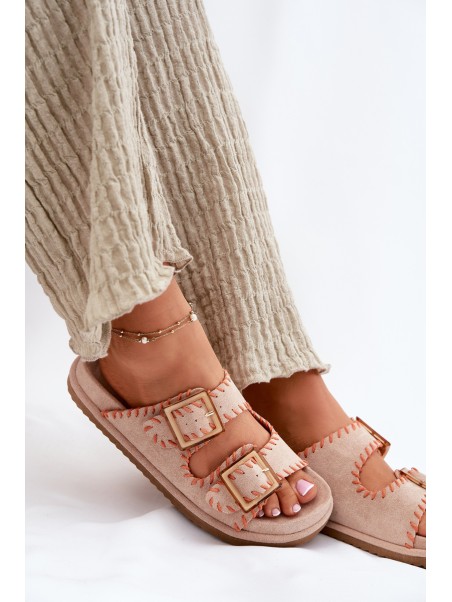 Women's Sandals With Buckles And Decorative Stitching Beige Visley