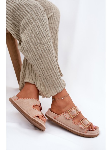 Women's Sandals With Buckles And Decorative Stitching Beige Visley
