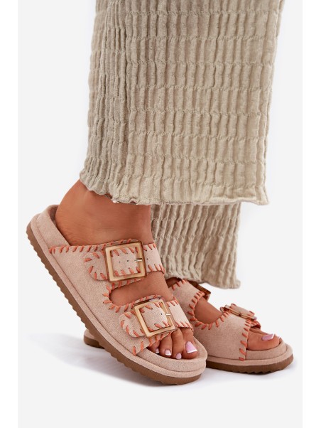 Women's Sandals With Buckles And Decorative Stitching Beige Visley