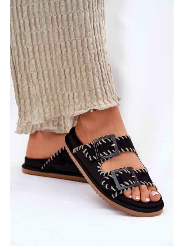 Women's Sandals With Buckles And Decorative Stitching Black Visley