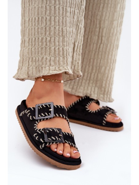 Women's Sandals With Buckles And Decorative Stitching Black Visley