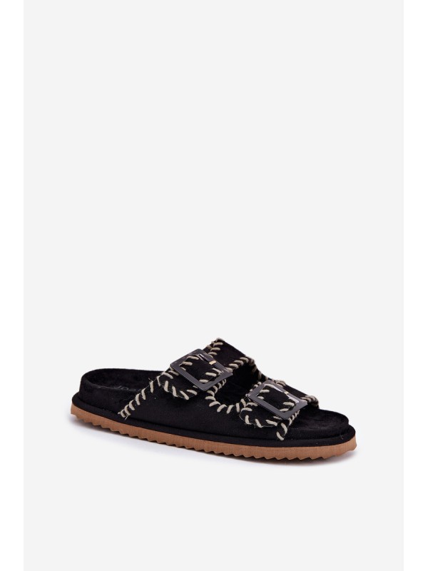 Women's Sandals With Buckles And Decorative Stitching Black Visley