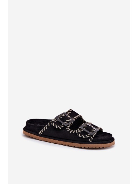Women's Sandals With Buckles And Decorative Stitching Black Visley
