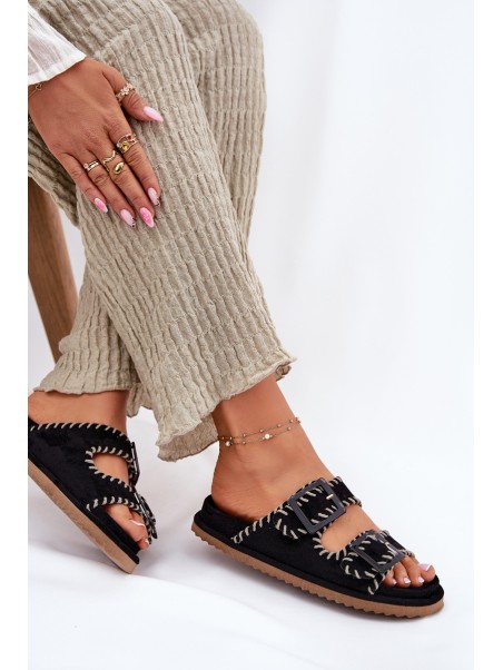 Women's Sandals With Buckles And Decorative Stitching Black Visley