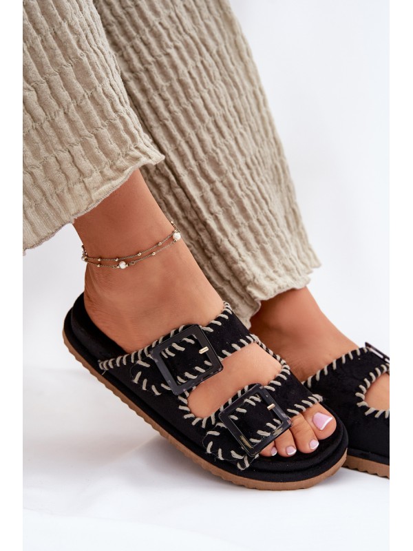 Women's Sandals With Buckles And Decorative Stitching Black Visley