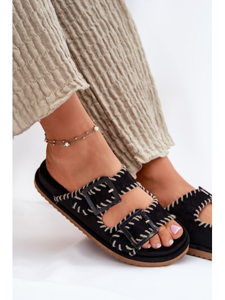Women's Sandals With Buckles And Decorative Stitching Black Visley