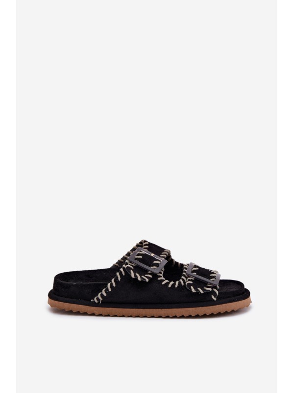 Women's Sandals With Buckles And Decorative Stitching Black Visley