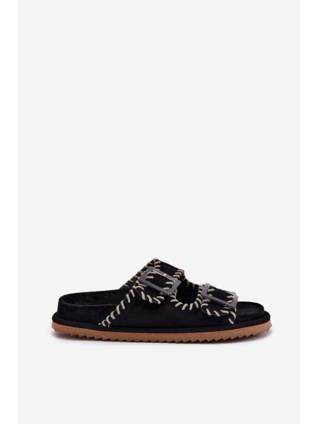 Women's Sandals With Buckles And Decorative Stitching Black Visley