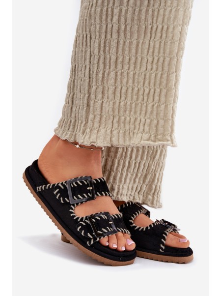 Women's Sandals With Buckles And Decorative Stitching Black Visley