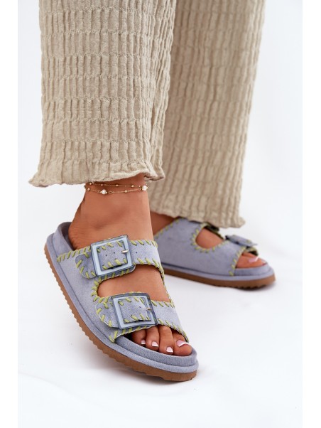 Ladies Slippers With Buckles And Decorative Edging Blue Visley