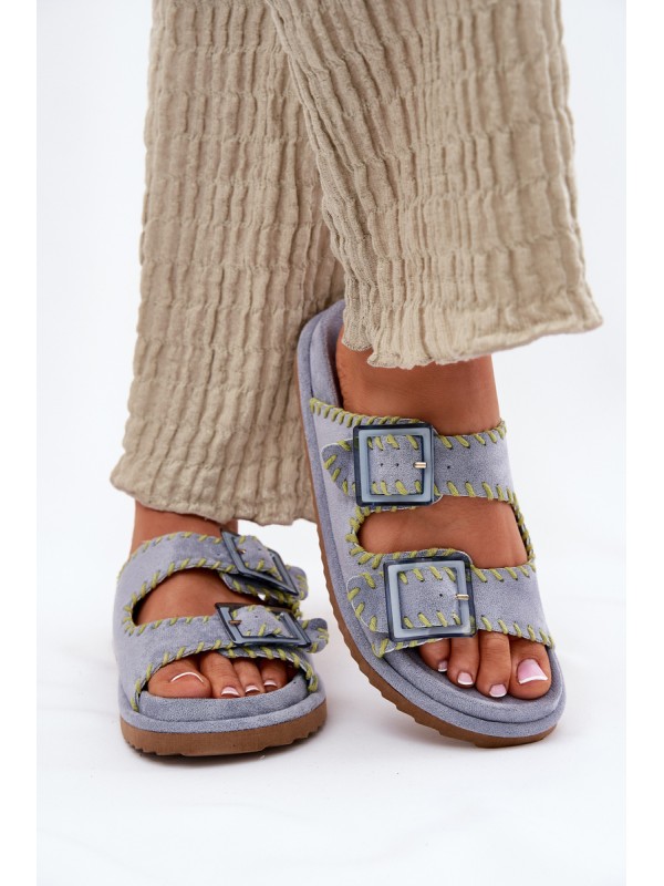 Ladies Slippers With Buckles And Decorative Edging Blue Visley