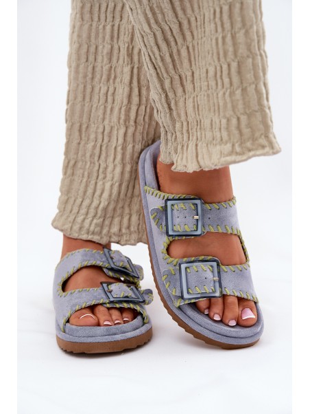 Ladies Slippers With Buckles And Decorative Edging Blue Visley