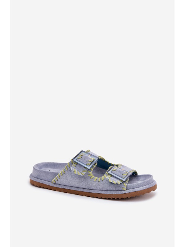 Ladies Slippers With Buckles And Decorative Edging Blue Visley