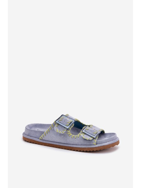 Ladies Slippers With Buckles And Decorative Edging Blue Visley