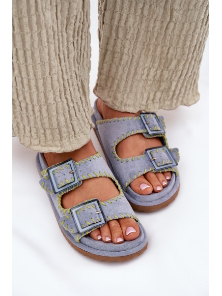 Ladies Slippers With Buckles And Decorative Edging Blue Visley