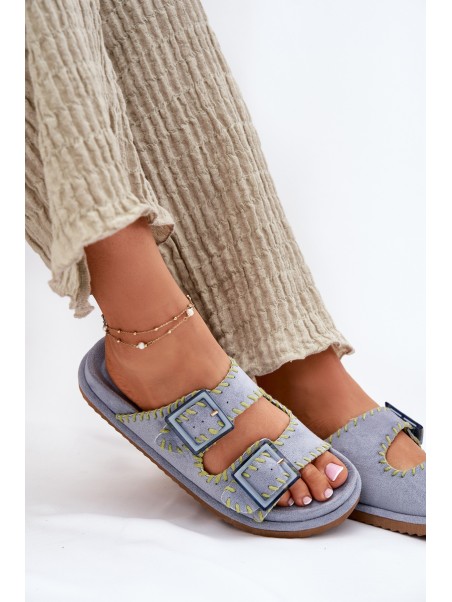 Ladies Slippers With Buckles And Decorative Edging Blue Visley