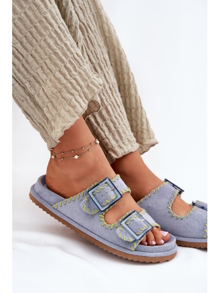 Ladies Slippers With Buckles And Decorative Edging Blue Visley
